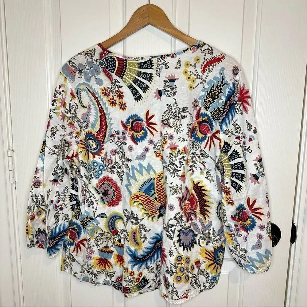 Linen Blend By Hester & Orchard White Multicolor Floral Long Sleeve Blouse XL - Picture 3 of 7